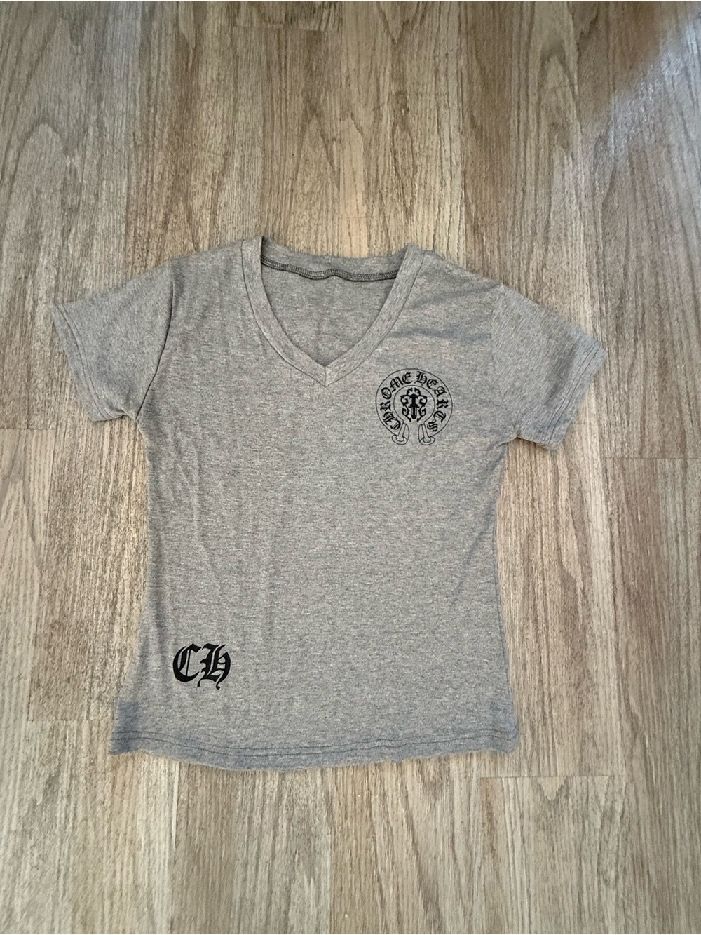 Grey V-Neck Women’s Tee with Script Crest